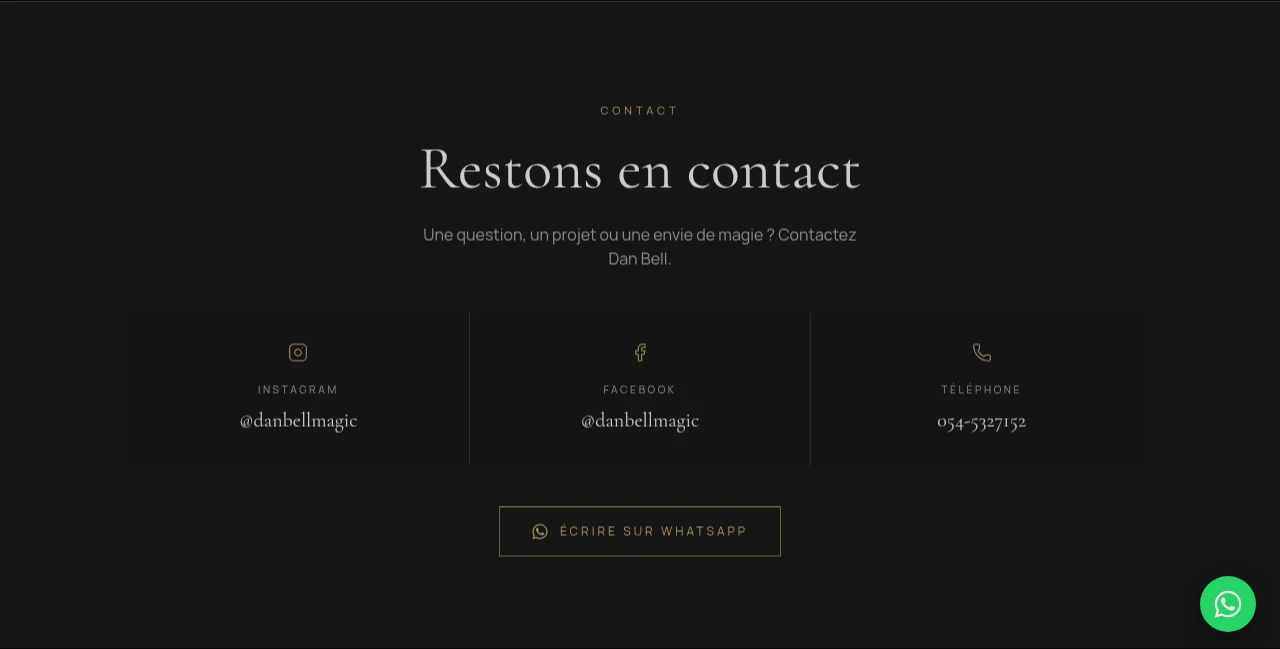 Section contact actuelle Dan Bell avec accès WhatsApp sur ordinateur