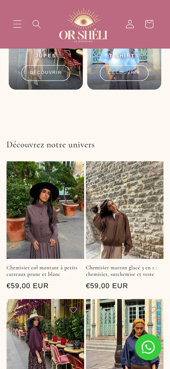Sélection de pièces de la page d'accueil OR SHÉLI sur mobile, grille sur deux colonnes