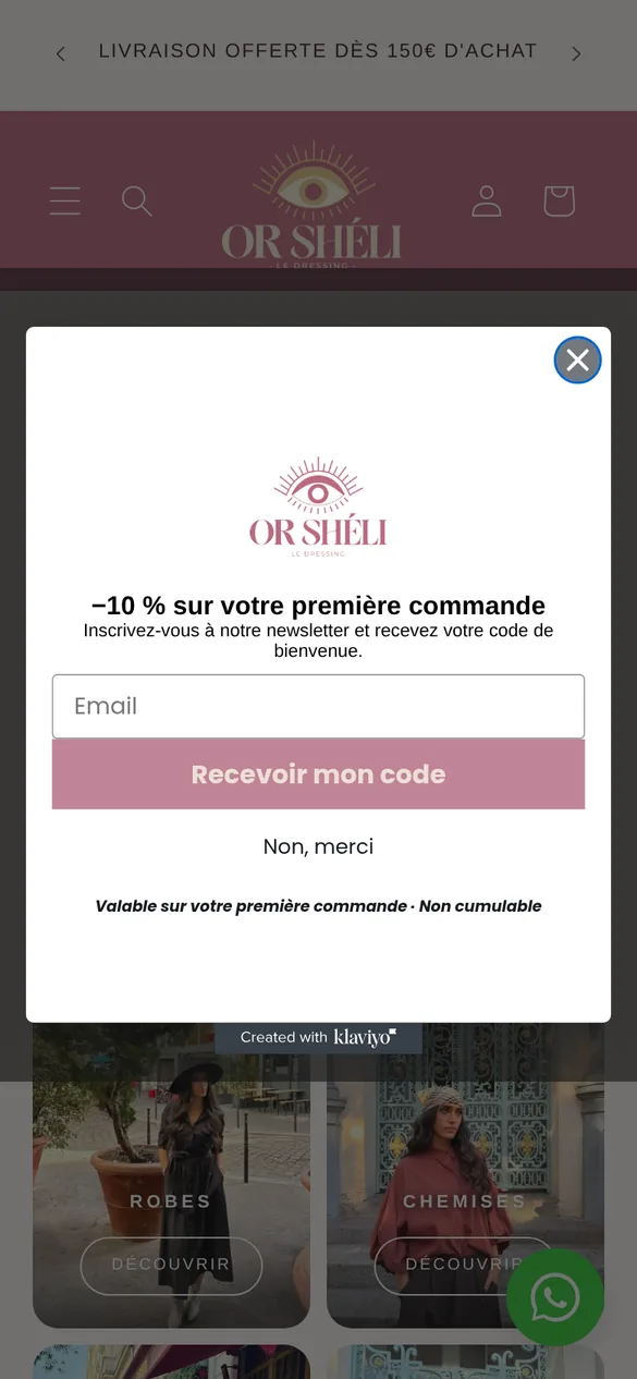 Pop-up newsletter OR SHÉLI sur mobile