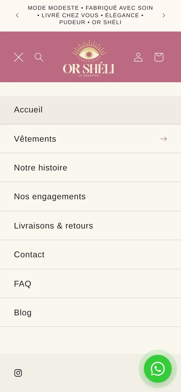 Menu de navigation mobile OR SHÉLI ouvert