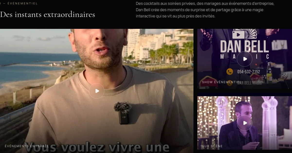 Section actuelle des prestations et vidéos Dan Bell : événementiel, teaser et scène