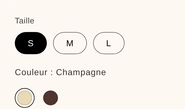 Détail : choix de la taille et pastille du coloris Champagne sélectionnée