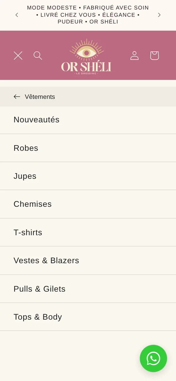 Sous-menu Vêtements du menu mobile OR SHÉLI avec les familles de produits