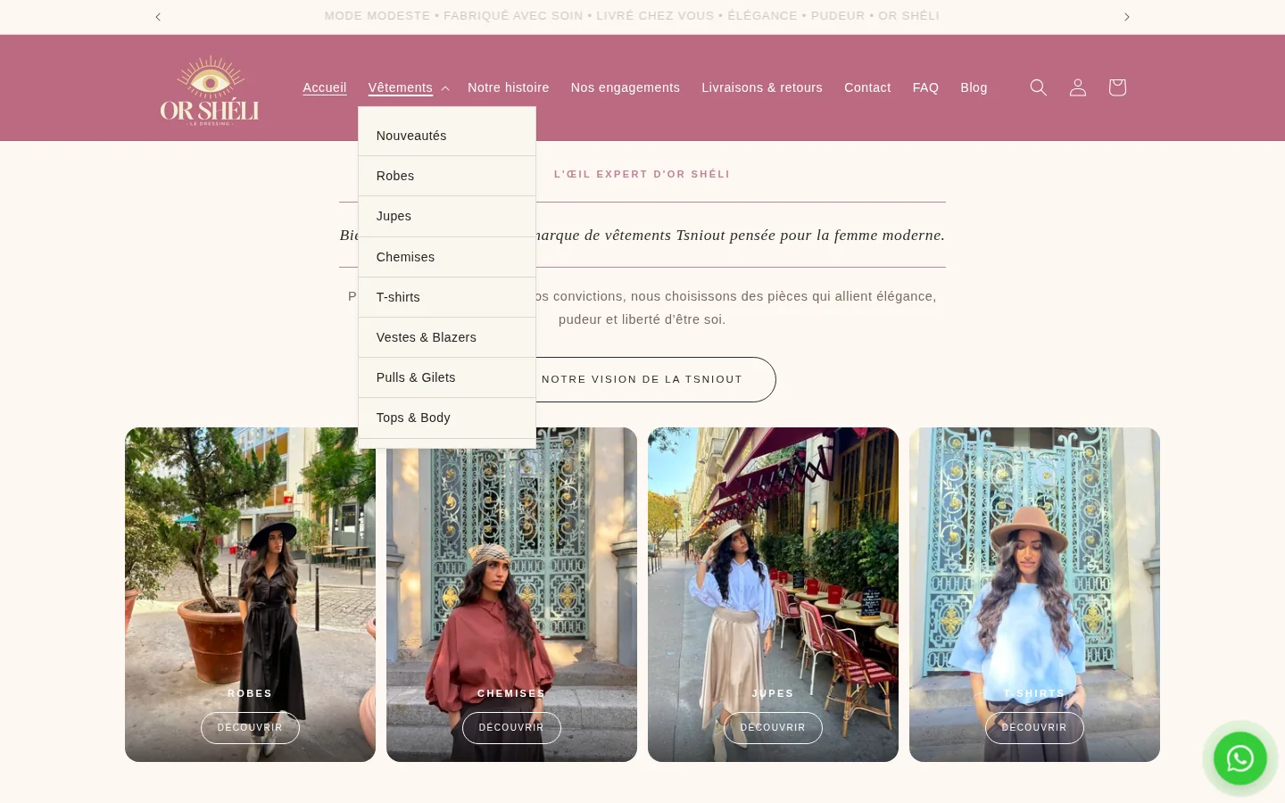 Menu déroulant Vêtements ouvert sur la page d'accueil OR SHÉLI, ordinateur