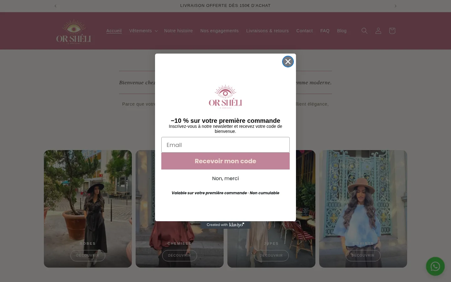 Pop-up newsletter OR SHÉLI sur ordinateur : −10 % sur votre première commande