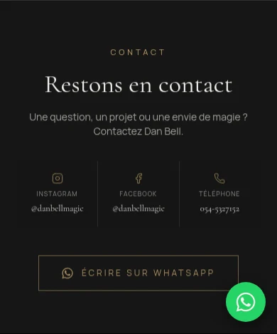 Section contact actuelle Dan Bell avec accès WhatsApp sur mobile