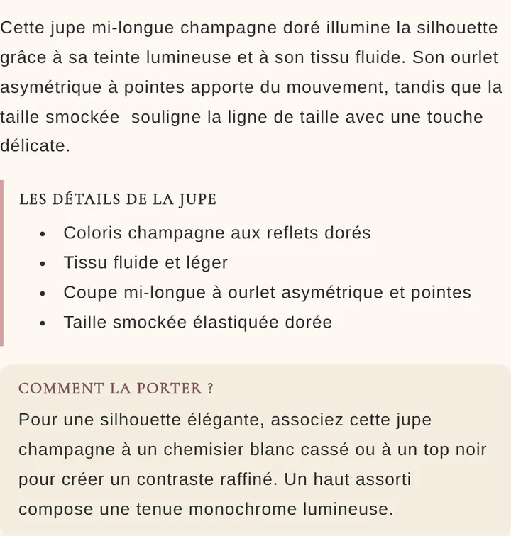 Détail : description, liste « Les détails de la jupe » et encadré « Comment la porter ? »